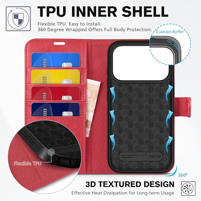 TUCCH Wallet Case for iPhone 17 Pro (6.3-Inch) 2025, RFID Blocking 4 Card Slots | Kickstand | Magnetic Closure | PU Leather | Shockproof TPU Shell | Protective Flip Folio Cover | Red