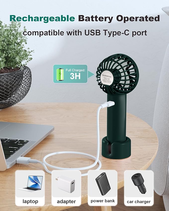 Coohea Mini Handheld Fan, Small Cute Design, 3 Powerful Speeds, USB Rechargeable Battery Operated, Personal Portable Fan with Base & Lanyard, for Eyelash Makeup Travel Beach Office Desk, Dark Green