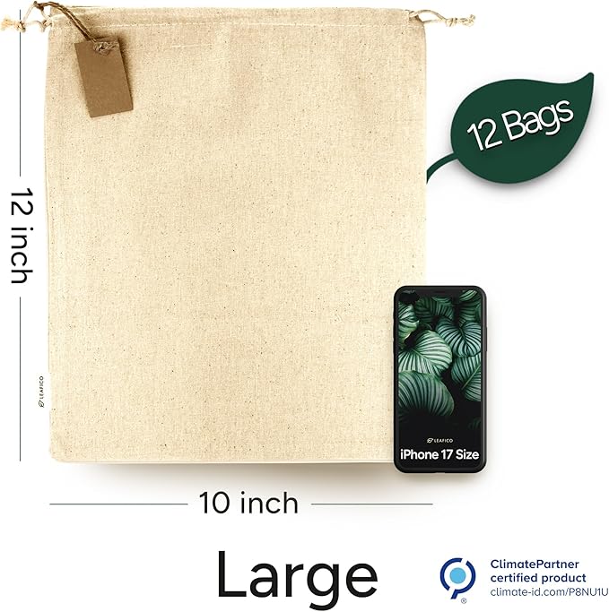 LEAFICO Multipurpose Eco Cloth Bags - Large 10x12 Inch (12 Pack) - Cotton Produce Storage Sacks - Muslin Drawstring Pouches for Vegetables - Bread Bags - Linen Fabric Sachets