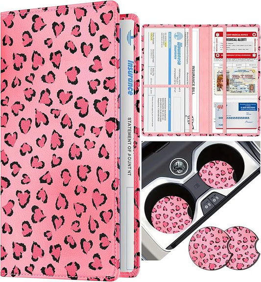 Slohif Car Registration and Insurance Card Holder - Leopard Vehicle Glove Box Organizer Women with Magnetic Shut Leather Automobile License Holders Coasters Auto Accessories Case for Document