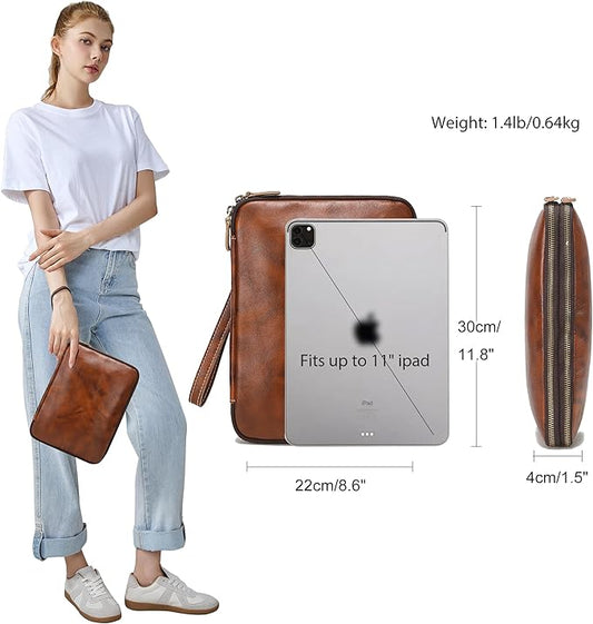 LANNSYNE Full Grain Leather Travel Cable Accessories Bag, Electronic Organizer Carry Case Double Layer Storage Case for Cables, Charger, Phone, Power Bank