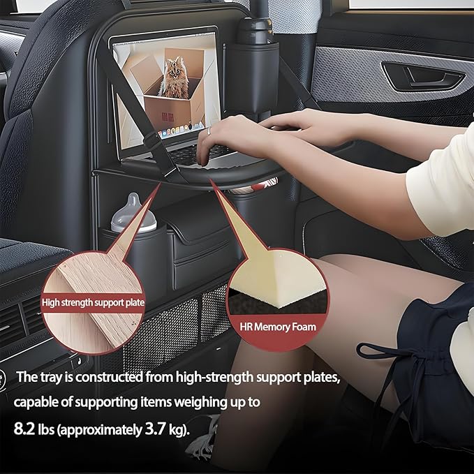 FASTAGEI 2 Pack Universal Foldable Car Backseat Organizer with Table Tray, Car Seat Back Protector with Touch Screen Phone Holder, Premium Leather Kick Mats with Storage Pockets Tissue Box (Black)
