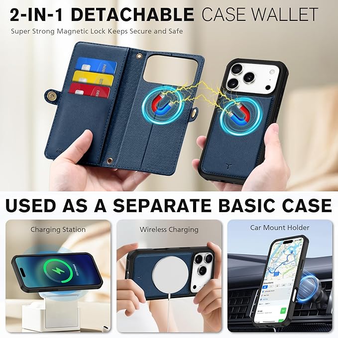 TUCCH Crossbody Detachable Wallet Case for iPhone 17 Pro 6.3" 2025, 9 Card Holders RFID Blocking, Wireless Charging, Stand, Wrist Strap, Lanyard, Zipper Pocket, PU Leather Shockproof Cover, Dark Blue