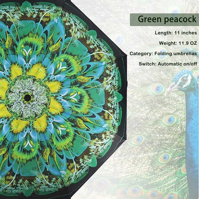 SIEPASA Windproof Travel Compact Umbrella-Automatic Umbrellas for Rain- Folding Umbrella, Travel Umbrella Compact, Small Portable Windproof Umbrellas for Men Women Teenage. (Green Peacock)