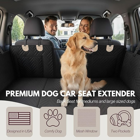 Premium Dog Back Seat Extender | Supports 400 lbs | Waterproof Hard Bottom & Non-Slip Design | Pet Seat Cover with Mesh Window & Storage Pocket | Fits Cars, SUVs & Truck (Black)