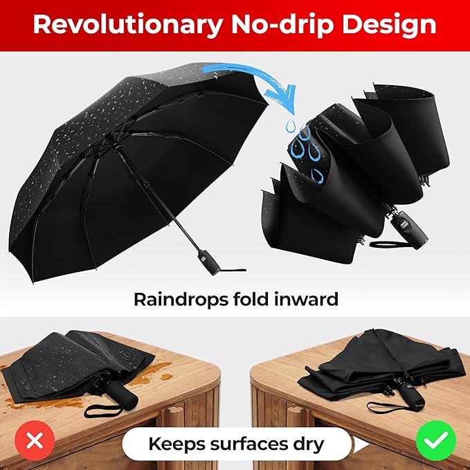 TUMELLA Flip-proof Inverted Travel Umbrella, Small Strong but Light Portable and Automatic Reverse Folding Rain Umbrella, Durable Premium Grip, Fits Car & Backpack
