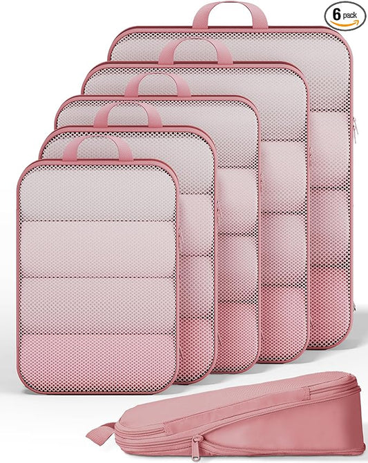 Veken 6/9/11 Set Compression Packing Cubes for Travel Essentials,Compressible Expandable Large Luggage Suitcase Organizer Bags for Clothing,Durable Space Saver Storage Bags(Pink)