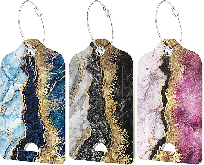 Rimilak 3 Pcs PU Leather Luggage Tags for Suitcase, Travel Cruise Luggage Tag with Privacy Flap, Name ID Label and Metal Loop for Women Men Baggage Handbag School Bag Backpack, Flow Marble