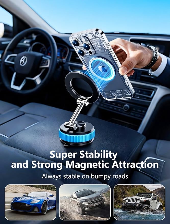 Magnetic Phone Holder car，Metal Body Durable and Solid,Vacuum Suction Cup Phone Holder, Magsafe Car Mount for iPhone, Folding Holder for iPhone and Android