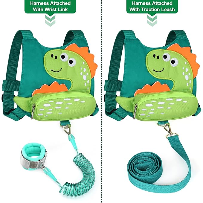 Accmor Toddler Leash Harness, 2 Pack Cute Dinosaur Kids Leash Harness Wrist Leashes + Anti Lost Wrist Link, Mini Child Walking Harness Wristband Assistant Strap Belt for Baby Boys Girls