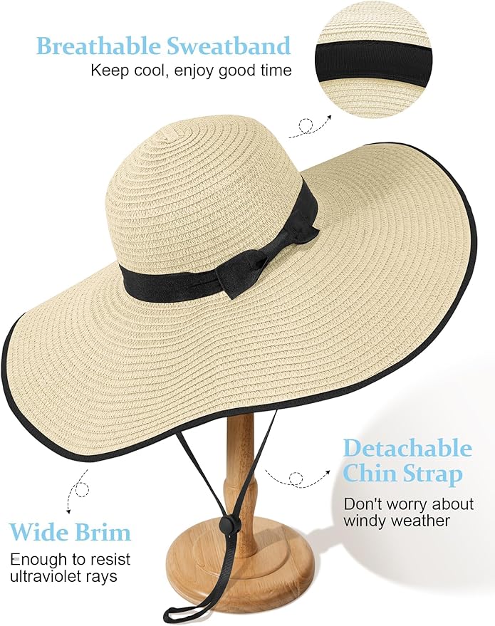 Senker Fashion Sun Hats for Women Oversize Wide Brim Straw Beach Hat Floppy Foldable Roll-Up Summer Vacation UPF 50+