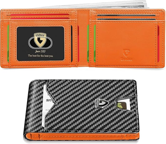GSOIAX Slim Wallet for Men Rfid Blocking Leather Bifold Front Pocket Carbon Fiber Credit Card Holder With Gift Box (Carbon Black and Orange)