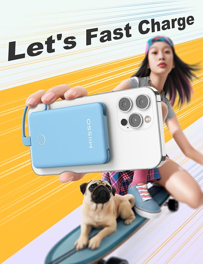 6000mah Ultra Slim Built in Cables Power Bank, Card Size Built in USB C Cords Battery Pack Portable Charger for Phones, 3 Output External Battery Pack Compatible with iPhone, Blue