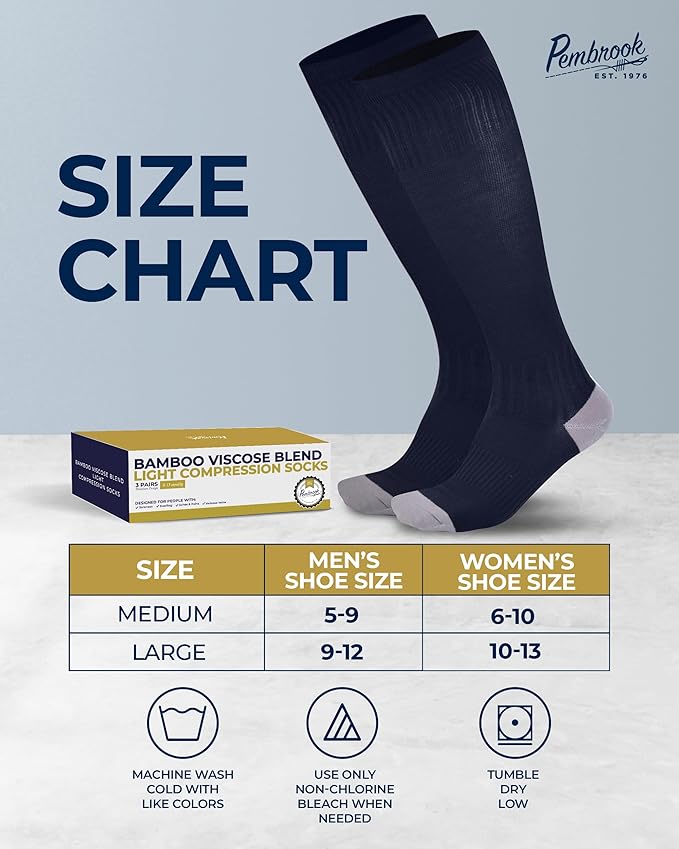 Pembrook Bamboo Viscose Light Compression Socks - 3 Pairs | 8-15 mmhg Compression Socks | Knee High Comfort Support Socks