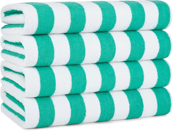 Arkwright California Cabana Stripe Beach Towel - Pack of 4, Large Soft Quick Dry Cotton Terry Towels Set for Pool, Swim, and Hot Tub, Oversized 30 x 70 in, Green