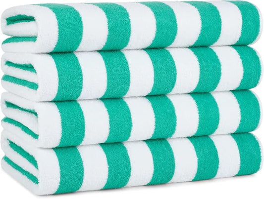 Arkwright California Cabana Stripe Beach Towel - Pack of 4, Large Soft Quick Dry Cotton Terry Towels Set for Pool, Swim, and Hot Tub, Oversized 30 x 70 in, Green
