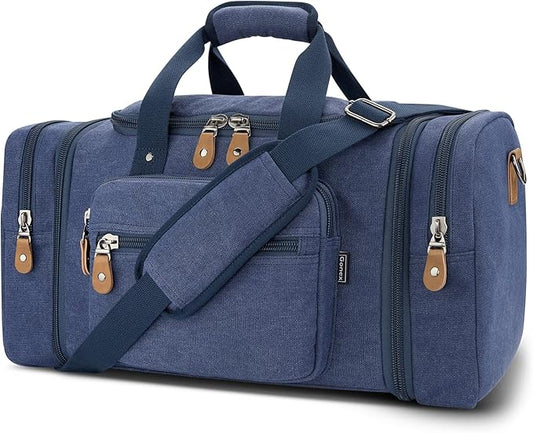 Gonex Canvas Duffle Bag for Travel 50L Expandable Duffel Weekend Overnight Bag men (Blue)