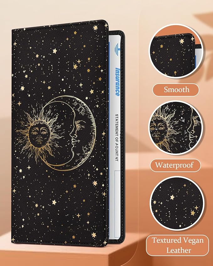 Slohif Car Registration and Insurance Card Holder with Magnetic Shut - Vehicle Glove Box Organizer Women Leather Automobile License Holders Coasters Auto Accessories Case for Document Moon Sun Black