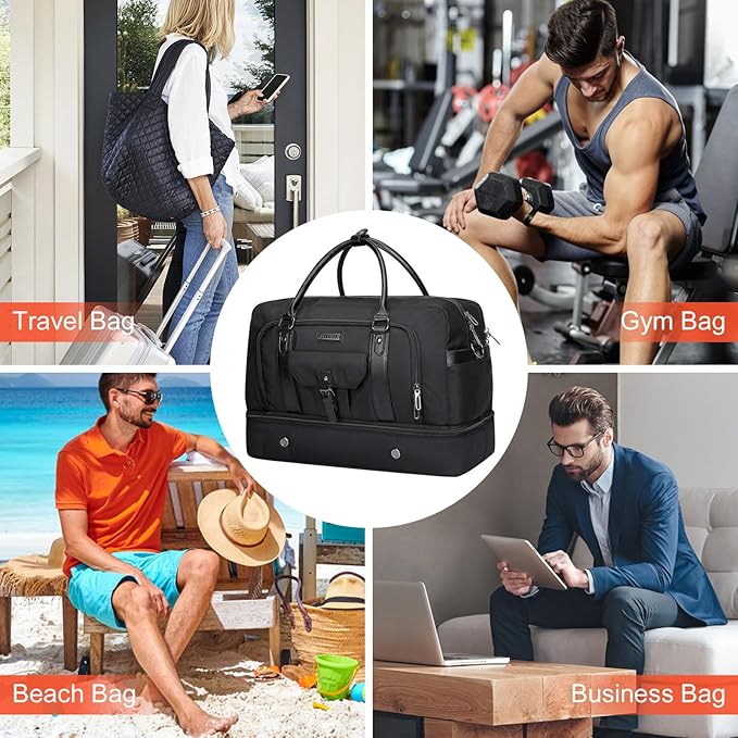 WITZMAN Weekender Bags for Men Women Carry On Duffle Overnight Bag with Toiletry Bag Sets Travel Duffel Bag Shoes Compartment （B694 Black）