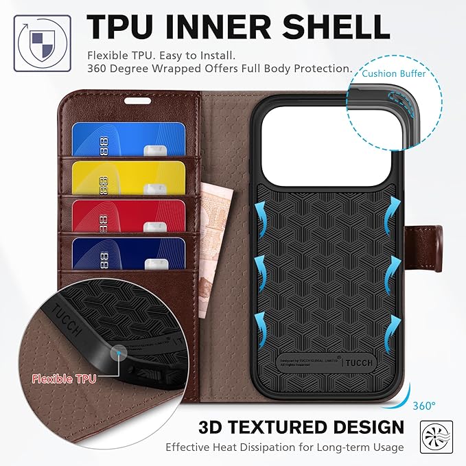 TUCCH Wallet Case for iPhone 17 Pro (6.3-Inch) 2025, 4 Card Holders, RFID Blocking, Stand, Shockproof TPU Shell, PU Leather, Magnetic Closure, Protective Flip Folio Cover, Chocolate Brown