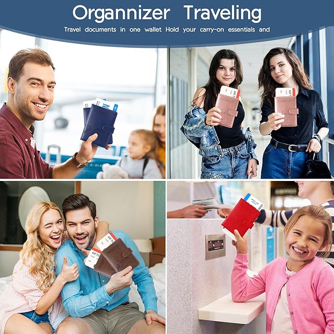 Passport Holder and Card Slot Combo RFID Blocking Leather Family Travel Passport Wallet Travel Accessories for Men Women US Passport Cover Protector (Travel black)