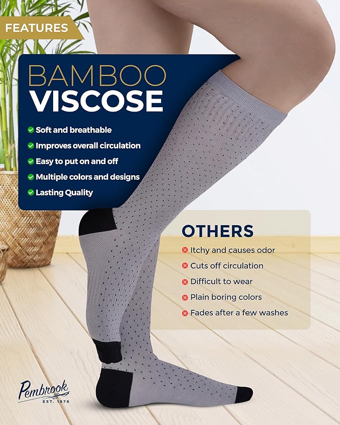 Pembrook Bamboo Viscose Light Compression Socks - 3 Pairs | 8-15 mmhg Compression Socks | Knee High Comfort Support Socks