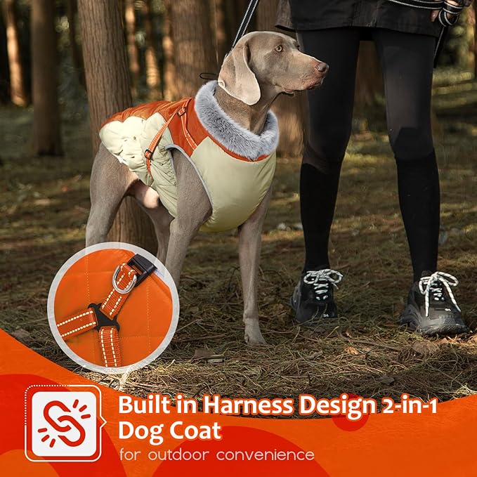 Abuandi Dog Winter Coat with Harness, Dog Jacket, Pet Clothes with Zipper on Back, Waterproof Windproof Warm Vest, Reflective Cold Weather Coats, for Small Medium Large Dogs, Thick, Orange, M