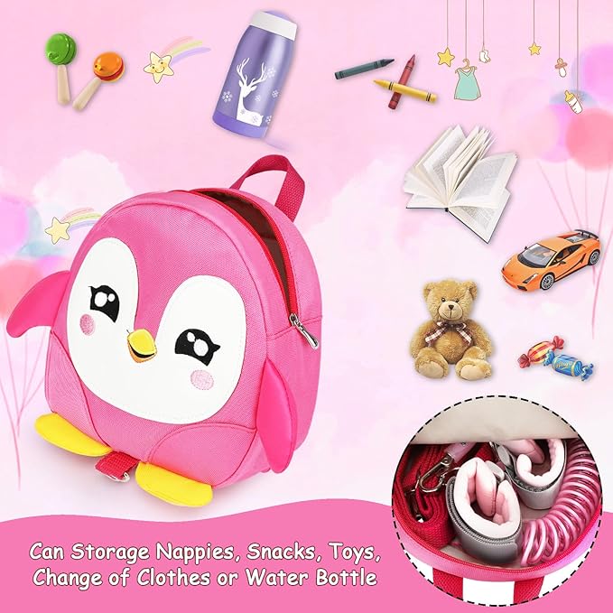 Accmor Toddler Harness Backpack Leash, Cute Penguin Kid Backpacks with Anti Lost Wrist Link, Mini Child Backpack Harness Leashes Walking Wristband Rope Travel Bag Harness Rein for Baby Girls (Pink)