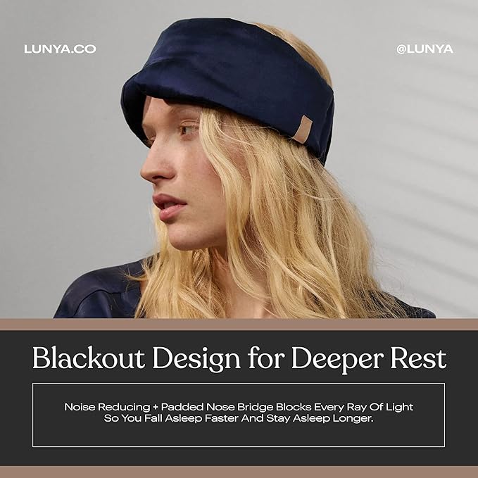 Lunya Sleep Mask with Box - Washable Silk Sleeping Mask and Headband for Beauty Routines - Thermoregulating Comfort for Restful Nights - Silk Eye Mask for Women - Large - Deep Blue