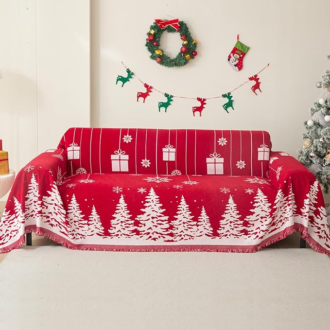 MEETSKY Christmas Couch Cover for Sectional Sofa, Chenille Loveseat Red Sofa Covers Washable for Pet Friendly Cedar Decorative Couch Covers, 71" x 118"