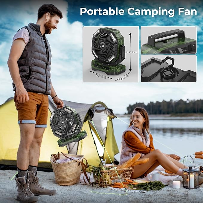 40000mAh Camping Fan with Light - 12in Rechargeable Battery Powered Fan (136H Cool Max), 90°Auto Oscillating with Remote & Charger, 4 Speeds & Timers for Outdoor/Patio/Garage/Jobsite/Hurricane/Outage
