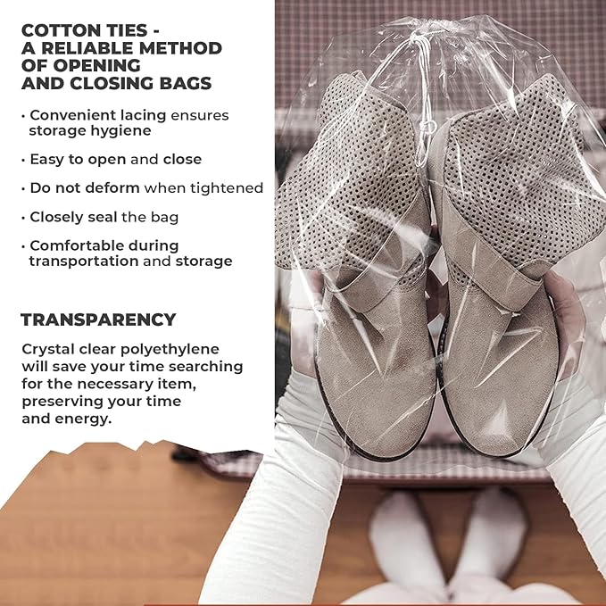 Clear Drawstring Travel Bag for Shoes. Waterproof Dust Bags for Shoes with Double Cotton Drawstrings. 2 mil PE Plastic Drawstring Bags for Packing, Storage