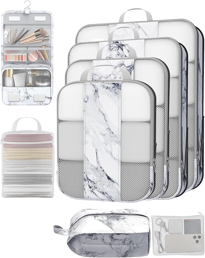 8 Set Compression Packing Cubes for Travel Essentials,Compressible Expandable Packing Cubes for Suitcase,OlarHike Luggage Organizer Bags for Travel,Handy Helper for Organizing Clothes(White Marble)