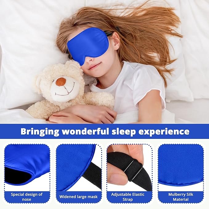 Kids Sleep Mask Eye Cover, 100% Real Natural Pure Silk Eye Mask with Adjustable Strap, Blindfold Kids Eye Mask for Sleeping, Eye Shade for Boys Girls and Adult, Pressure-Free Comfort (Royal Blue)