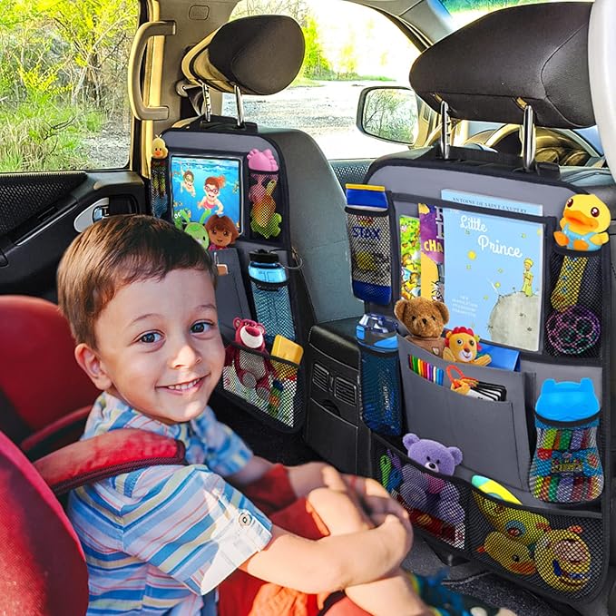 Car Backseat Organizer with 11" Table Holder, 10 Storage Pockets Seat Back Protectors Kick Mats for Kids Toddlers, Travel Accessories, 2 Pack, Gray