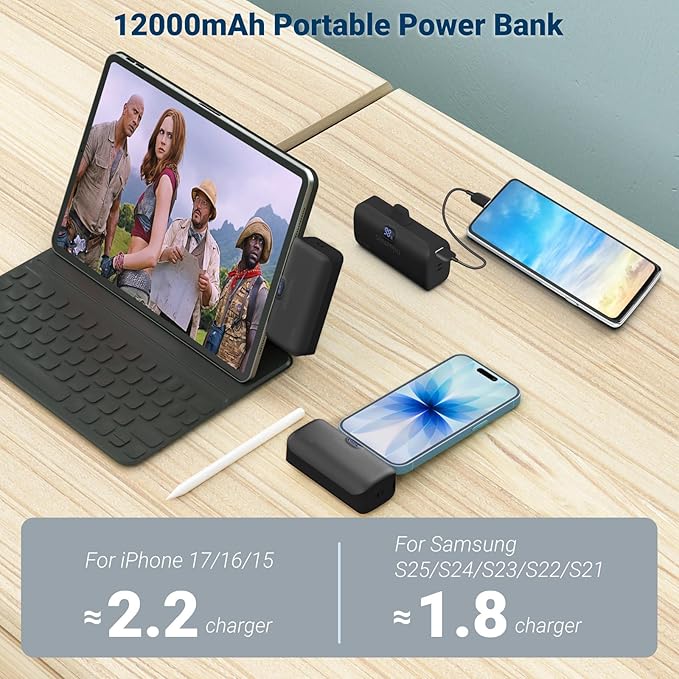 Portable Charger for iPhone 17/16/15 Series, 12000mAh Mini Power Bank with Built-in USB C Connector, 22.5W Fast Charging Battery Pack for Samsung Galaxy S25/S24/S23 Series, iPad etc (Black)
