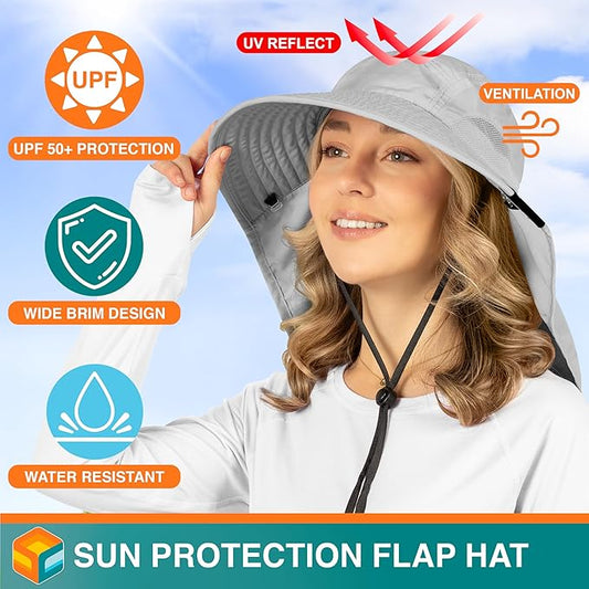 SUN CUBE Wide Brim Sun Hat with Neck Flap, UPF50+ Hiking Safari Fishing Hat for Men Women, Sun Protection Beach Hat