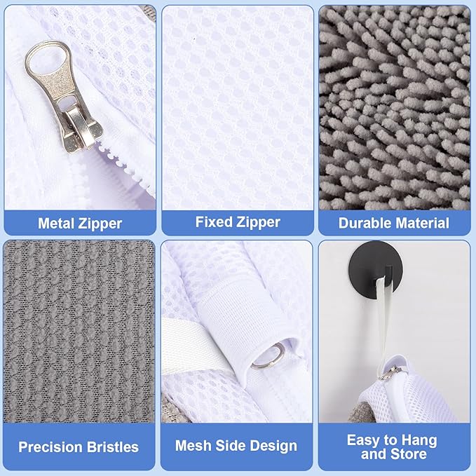 Shoe Washing Machine Bags, 2 PCS Reusable Grey+White Chenille Laundry Bags for Washing Machine, 360 Wrap-Around Clean Shoe Laundry Bags with Hidden Zipper