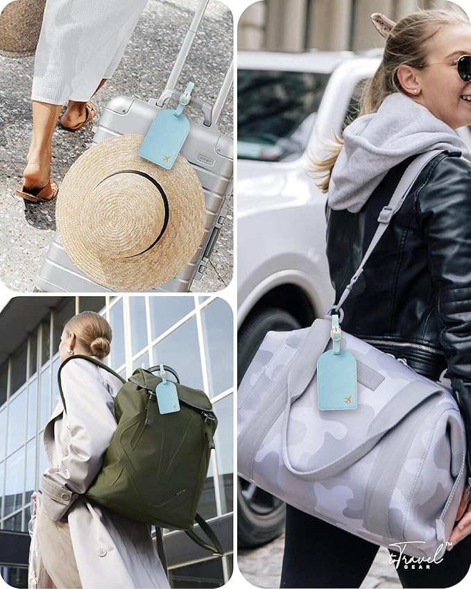 Luggage Tags for Suitcases,2 Pack PU Leather Privacy Protection Bag Tags Travel Accessories Essentials,Light Blue