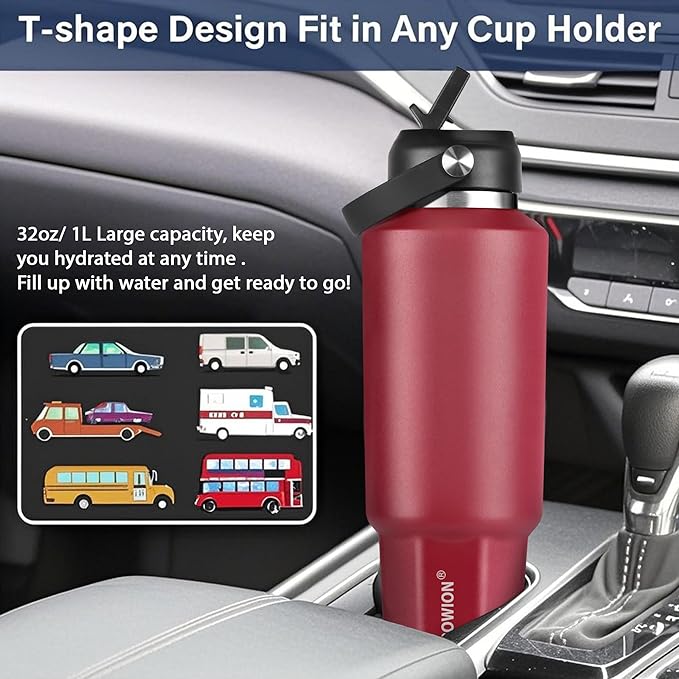 HYDROWION 40 oz Insulated Water Bottle, Car Water Bottle Holder - Double Wall Vacuum Insulated Travel Bottle with Straw Lid, Spout Lid and Flex Cap - Cold for 24H, Hot for 12H, Blue - Red