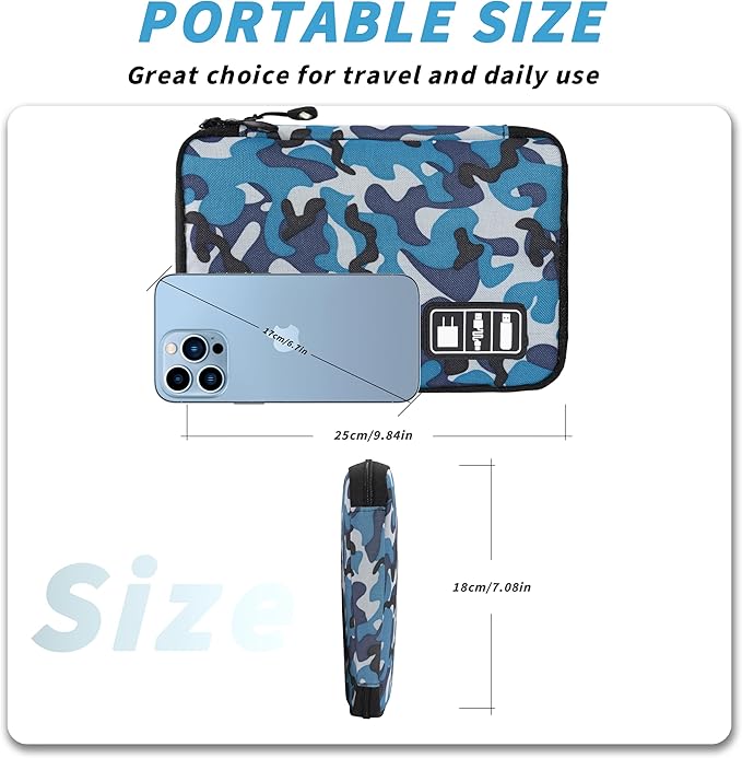 Electronics Organizer, Portable Cable Organizer Bags, Travel Electronic Accessories Storage Case for Cables, Cords, Charger, Phone (Camo Blue)