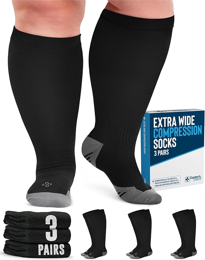 Doctor's Select 3 Pairs Plus Size Compression Socks Wide Calf - Up to 6XL | 20-30 mmHg Extra Wide Calf Compression Socks Women | Black