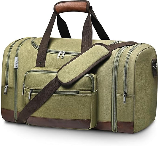 Wolhbege Duffle Bag for Travel,Mens Travel Bag & Carry On Bag for Men with Expandable Design and Luggage Sleeve –Duffel Bag for Gym, Weekender,Canvas,Overnight Trips Green