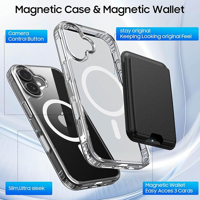 Ntwinro Magnetic for iPhone 16 Clear Case (Compatible with MagSafe) with Black Detachable Wallet & Card Holder for 3 Cards [RFID Blocking] Military Grade Protective Slim Phone Cover