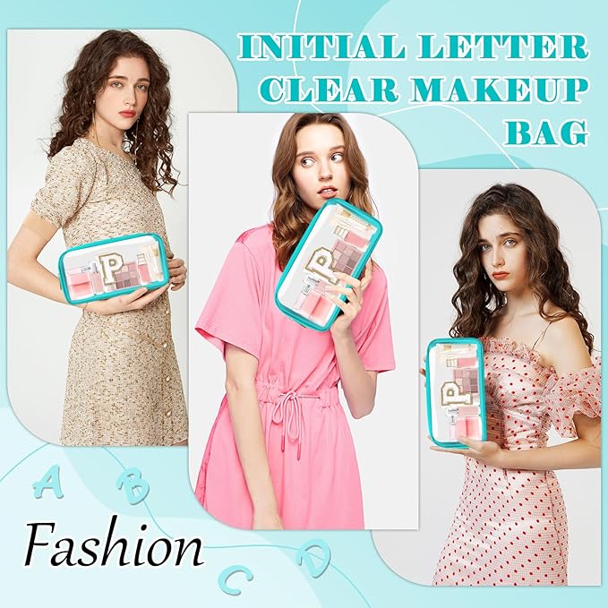 Personalized Initial Letter Clear Makeup Bag,Preppy Small Nylon&PVC Cosmetic Zipper Bag with Chenille Letter,Portable Beach Travel Skincare Toiletry Bag,Trendy Monogram Gift for Teen Girls Women,P