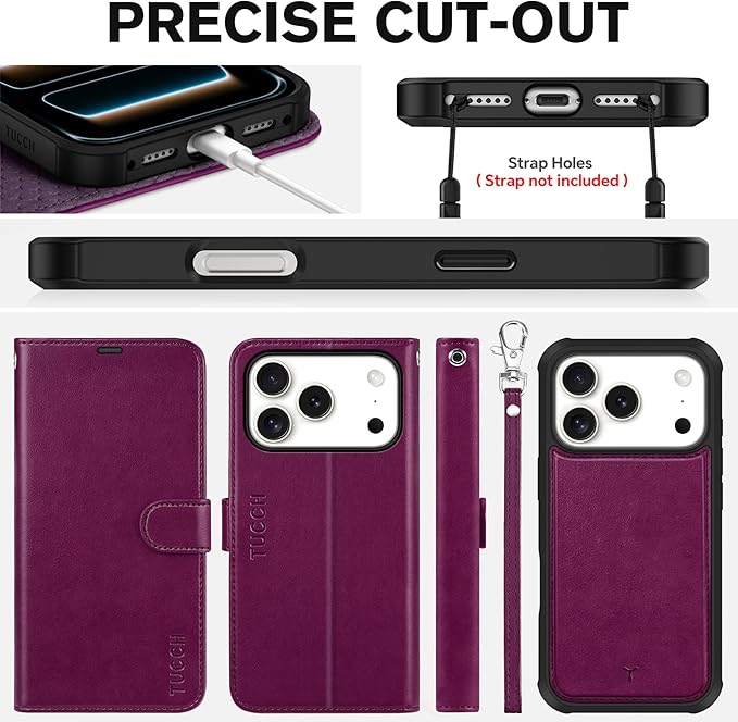 TUCCH Detachable Case Wallet for iPhone 17 Pro (6.3") 2025, Wrist Strap | 4 Card Slots RFID Blocking | Wireless Charging | Stand | 2-in-1 Magnetic | PU Leather | Shockproof Folio Cover | Plum Purple