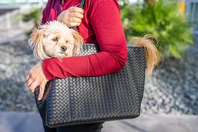 Faux Leather Dog Carrier for Small Dogs, Water-Resistant Designer Dog Purse with Safety Harness, Fashion Pet Carrier for Dogs 5-15 lbs, Luxury Dog Shoulder Carrier, Woven Black