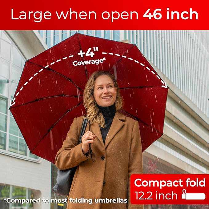 TUMELLA Flip-proof Inverted Travel Umbrella, Small Strong but Light Portable and Automatic Reverse Folding Rain Umbrella, Durable Premium Grip, Fits Car & Backpack