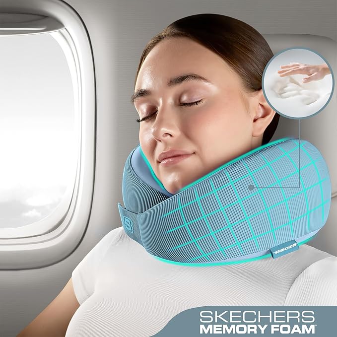 Skechers Women's Memory Foam Neck Pillow, Comfortable & Breathable Travel Pillow,Neck Pillow Airplane for Travel, Car Rides, Home, and Office Use, Ergonomic Design for Men and Women,Light Blue