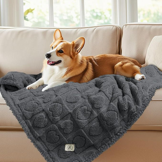 Luciphia Waterproof Dog Blanket for Small Medium Dogs Washable Couch Protector Soft Fluffy 3D Heart Jacquard Puppy Cat Blanket with Sherpa Fleece Cozy Calming Throw Blankets, Grey 57x40 inch